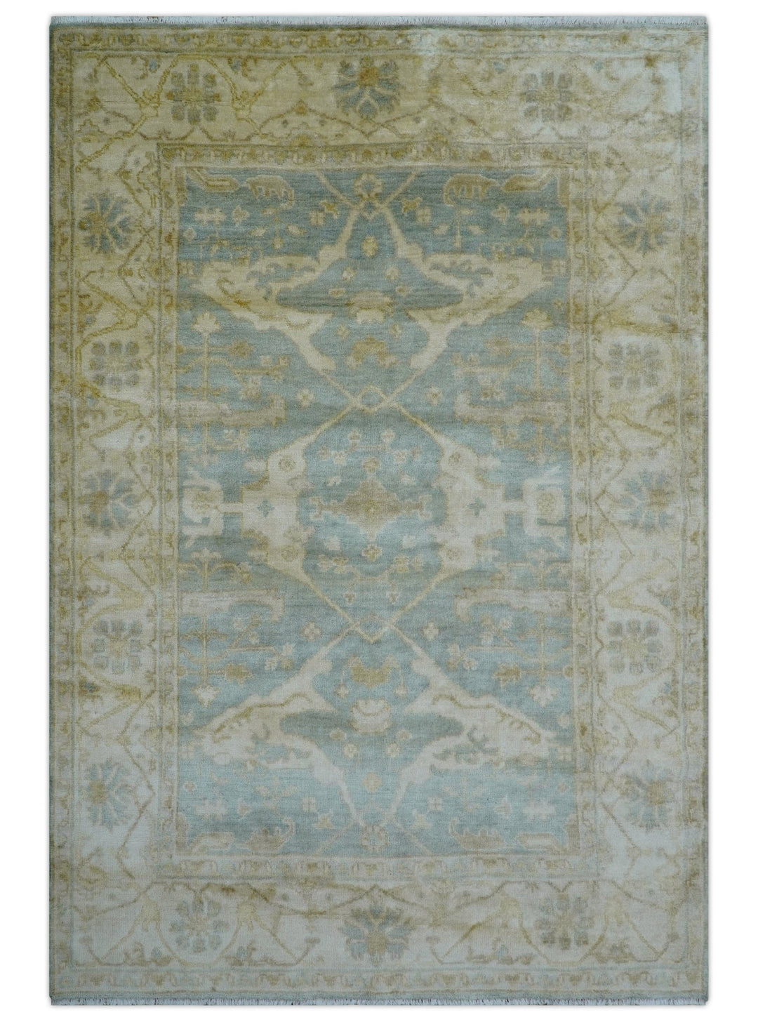 Hand Knotted Traditional Oushak Design Blue And Beige 6x9 Wool Rug - The Rug Decor