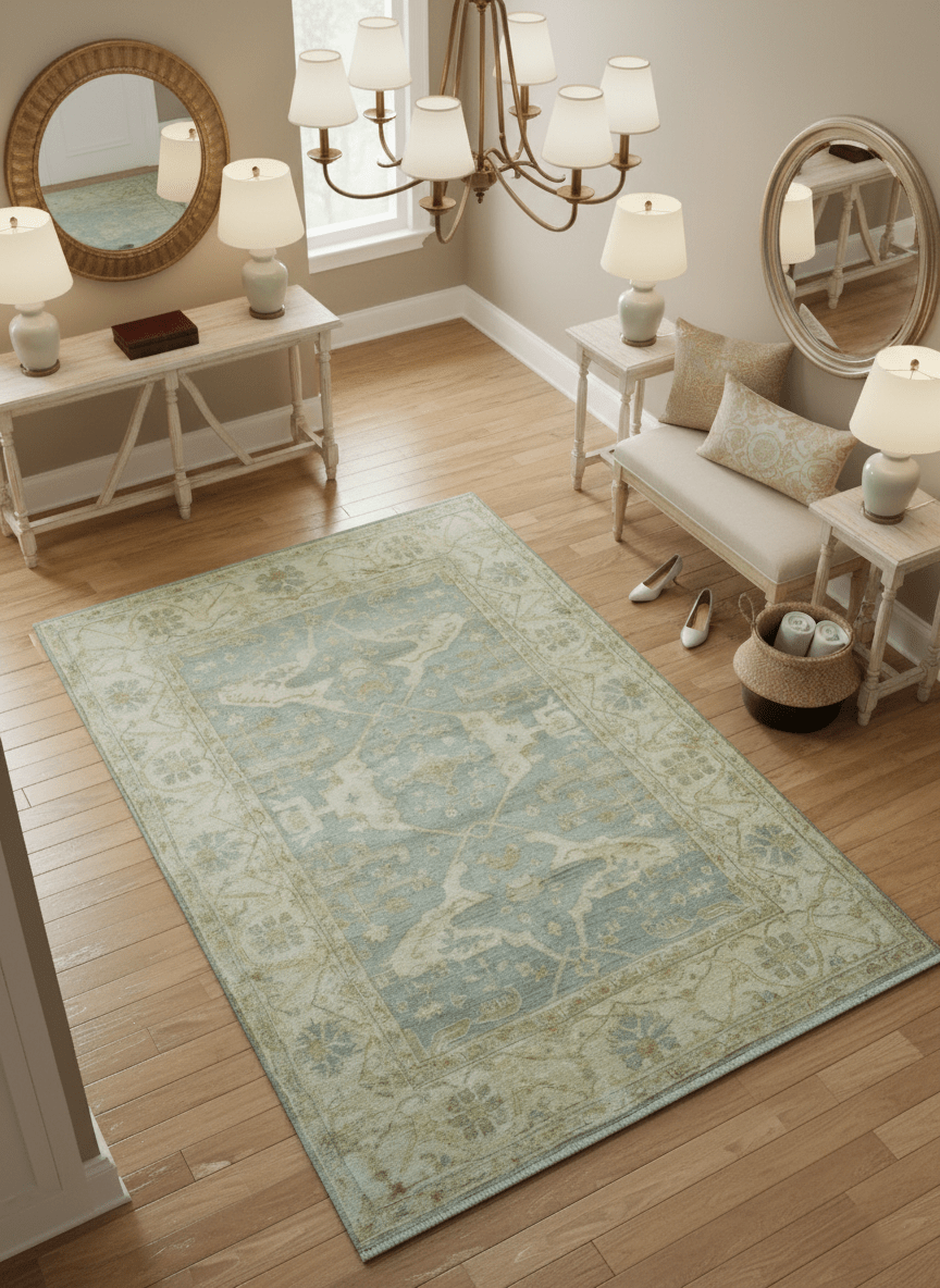Hand Knotted Traditional Oushak Design Blue And Beige 6x9 Wool Rug - The Rug Decor