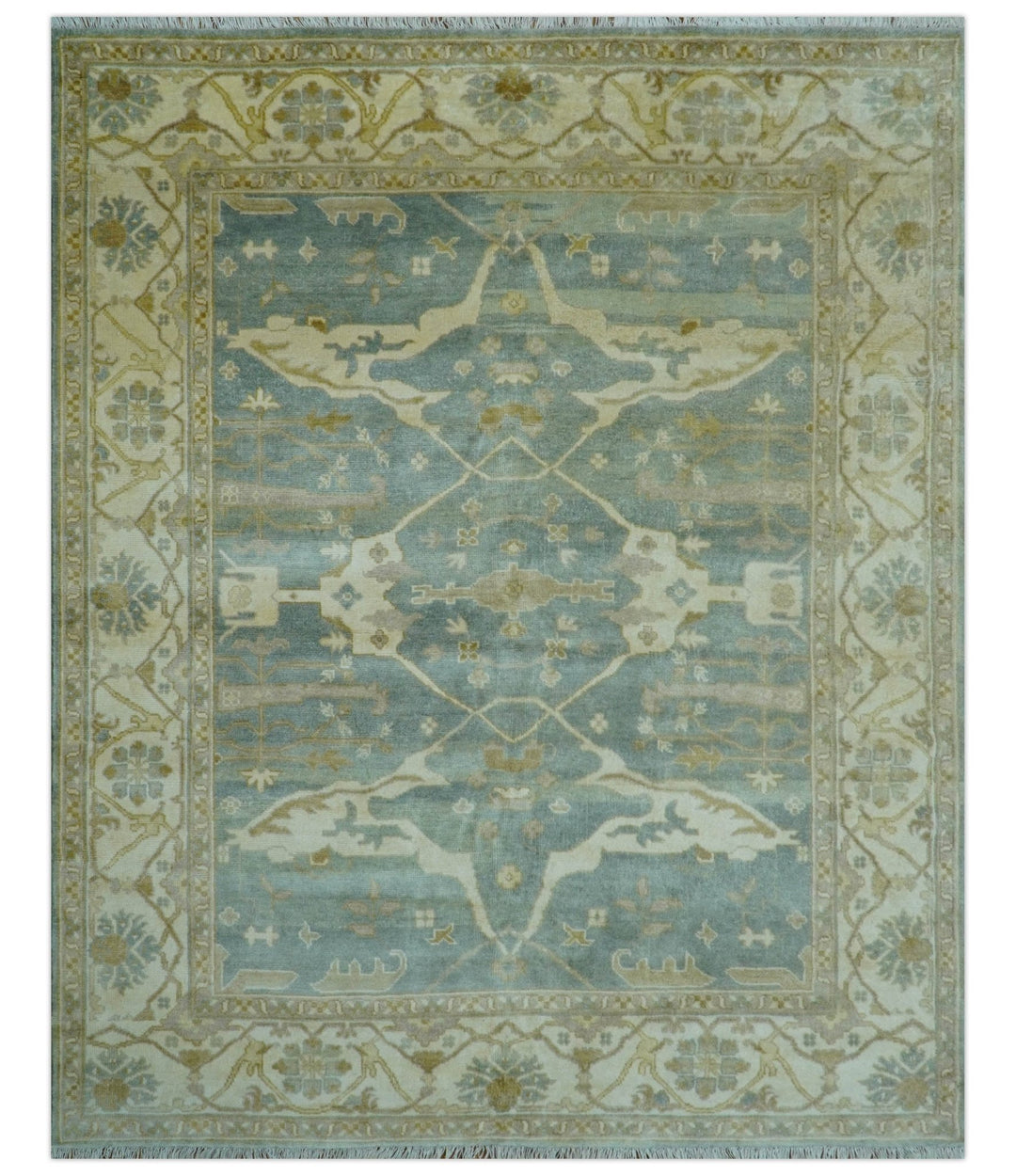 Hand Knotted Traditional Oushak Design Blue And Beige 8x10 Wool Area Rug - The Rug Decor