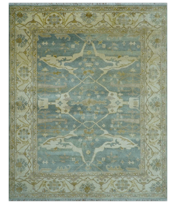 Hand Knotted Traditional Oushak Design Blue And Beige 8x10 Wool Area Rug - The Rug Decor