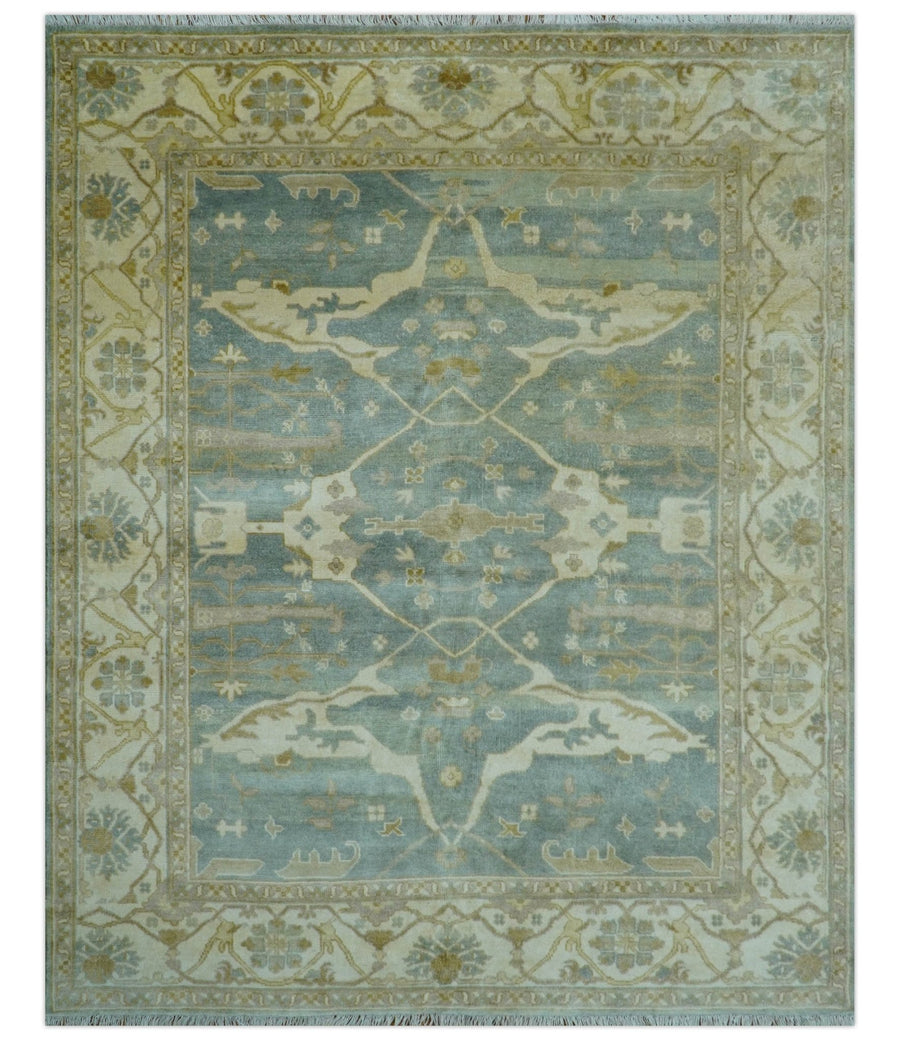 Hand Knotted Traditional Oushak Design Blue And Beige 8x10 Wool Area Rug - The Rug Decor