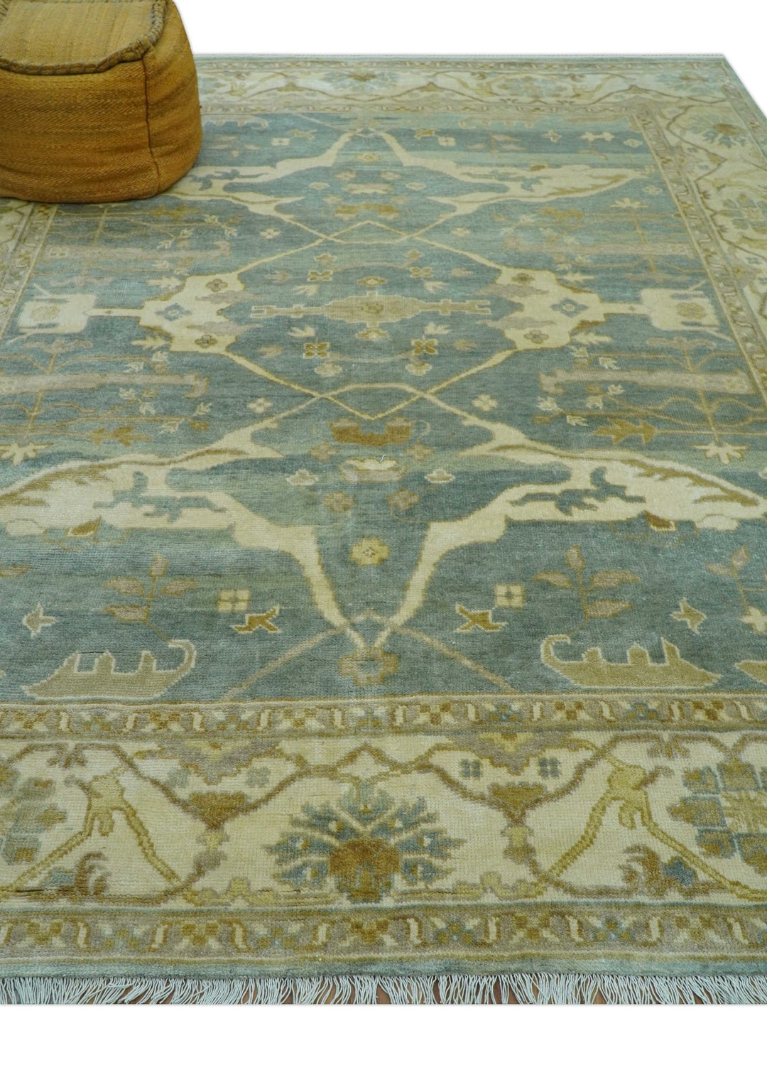 Hand Knotted Traditional Oushak Design Blue And Beige 8x10 Wool Area Rug - The Rug Decor