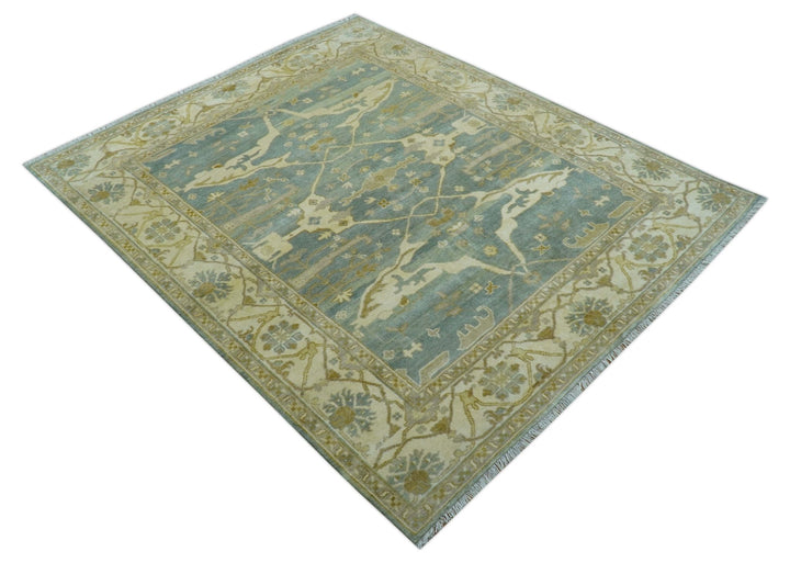 Hand Knotted Traditional Oushak Design Blue And Beige 8x10 Wool Area Rug - The Rug Decor