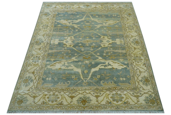 Hand Knotted Traditional Oushak Design Blue And Beige 8x10 Wool Area Rug - The Rug Decor