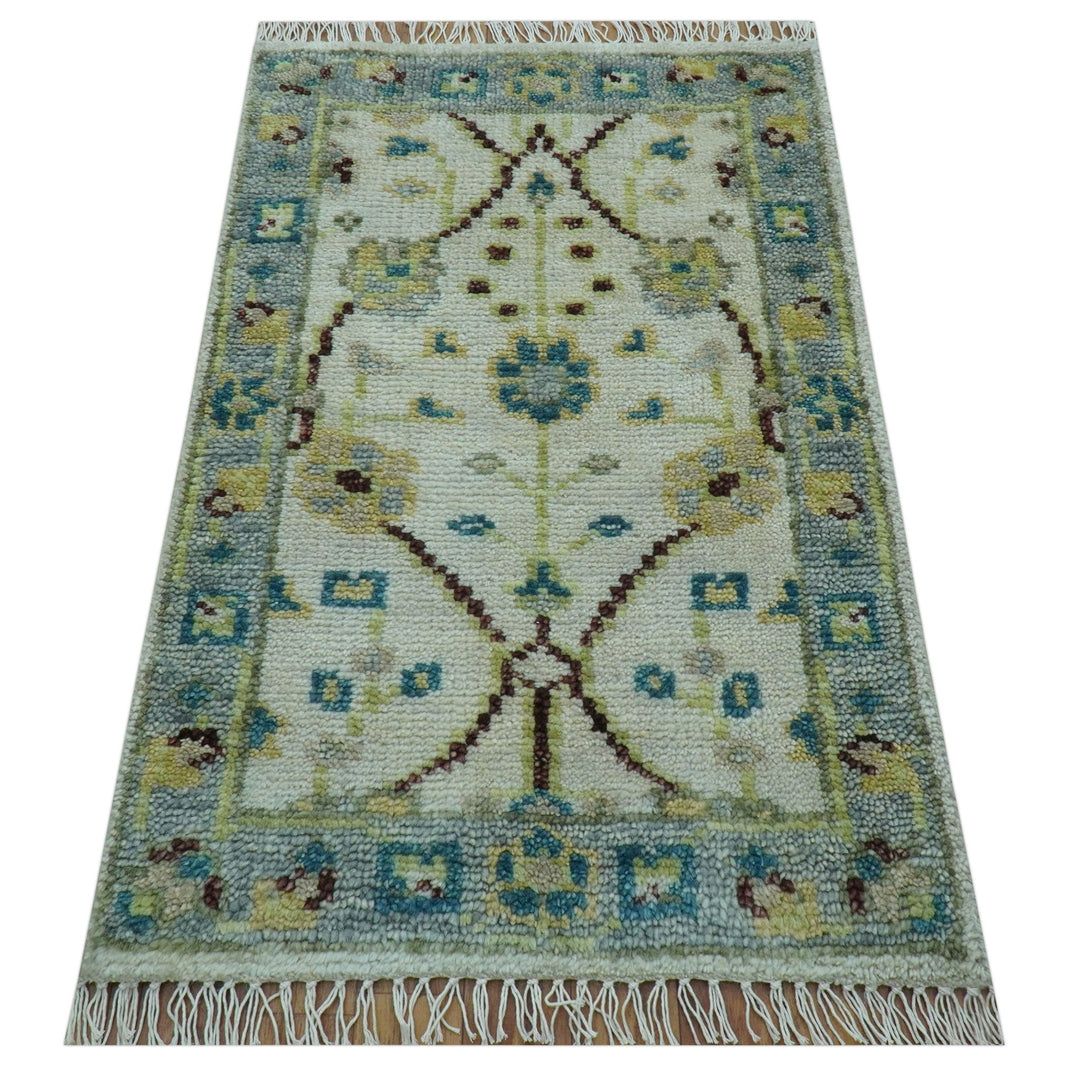 Hand knotted Traditional Oushak Design Blue And Ivory 2x3 Wool Area Rug - The Rug Decor