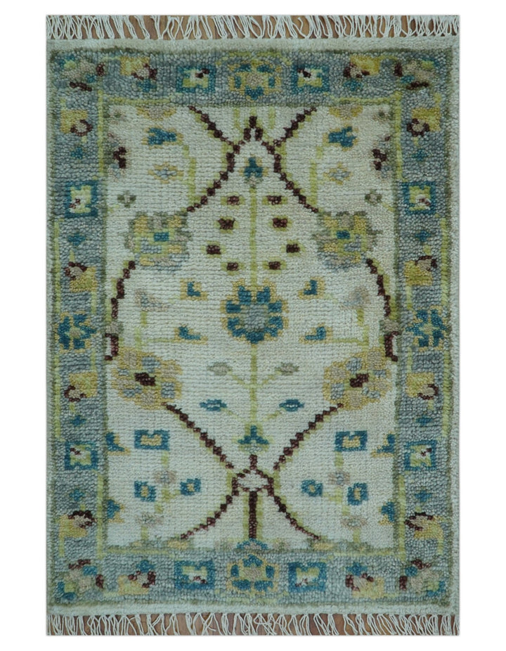Hand knotted Traditional Oushak Design Blue And Ivory 2x3 Wool Area Rug - The Rug Decor