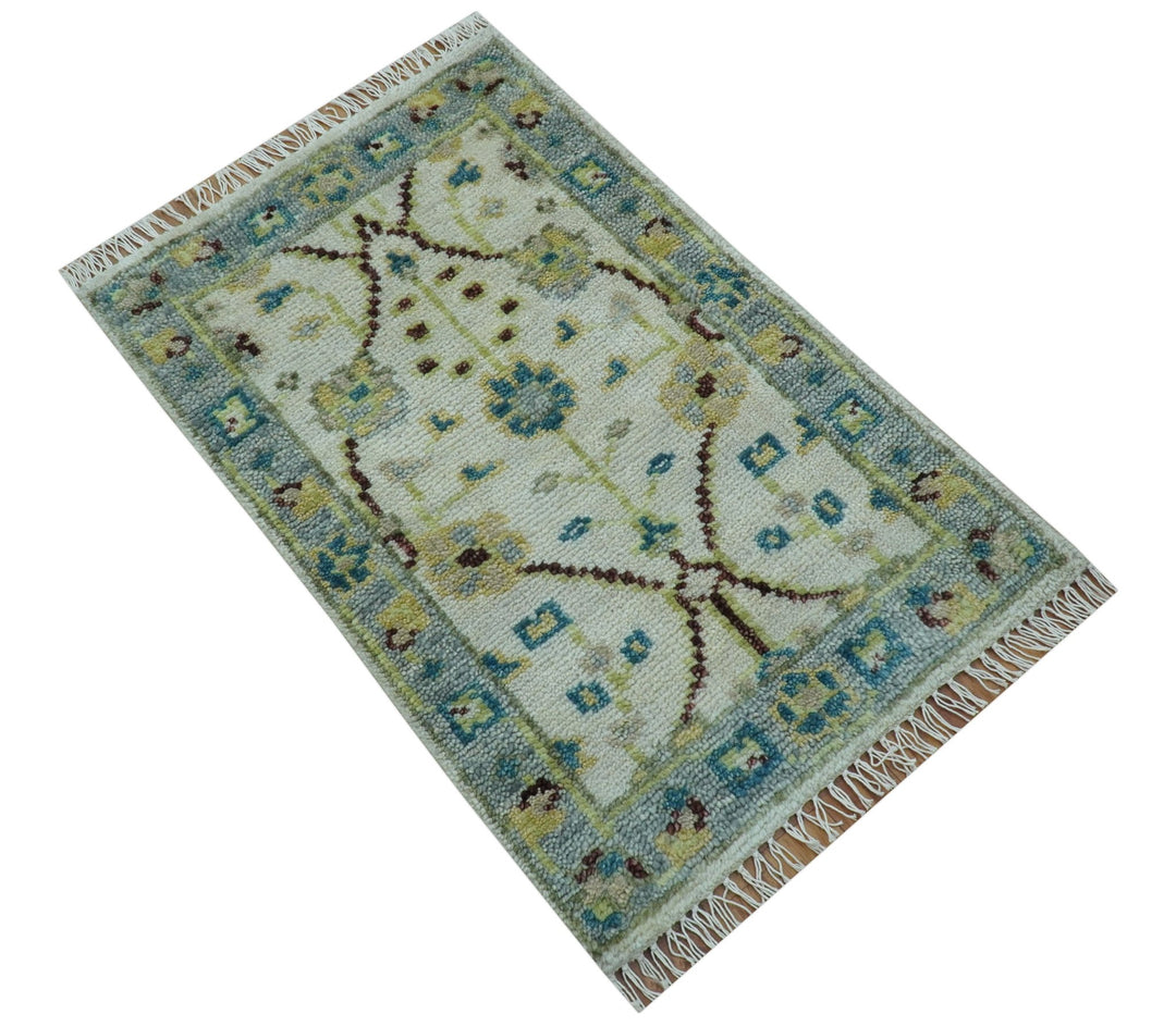 Hand knotted Traditional Oushak Design Blue And Ivory 2x3 Wool Area Rug - The Rug Decor