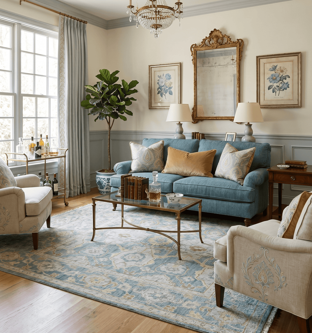 Hand Knotted Traditional Turkish Oushak Blue And Beige Wool Rug - The Rug Decor