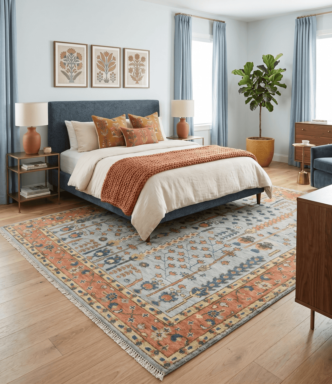 Hand Knotted Tree of Life Rust and Blue Traditional Turkish Design Wool Rug - The Rug Decor