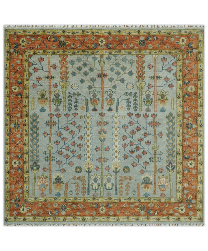 Hand Knotted Tree of Life Rust and Blue Traditional Turkish Design Wool Rug - The Rug Decor