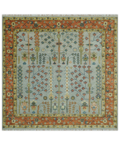 Hand Knotted Tree of Life Rust and Blue Traditional Turkish Design Wool Rug - The Rug Decor