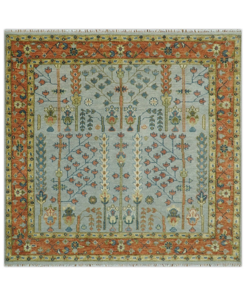 Hand Knotted Tree of Life Rust and Blue Traditional Turkish Design Wool Rug - The Rug Decor