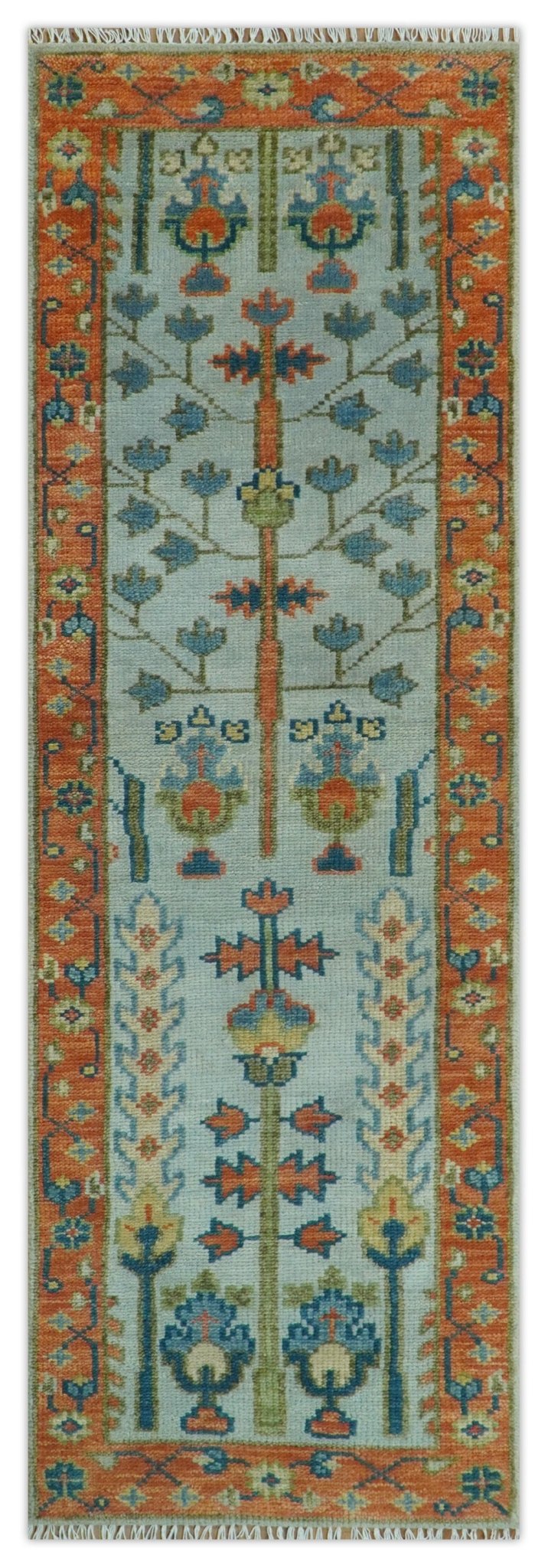 Hand Knotted Tree of Life Rust and Blue Traditional Turkish Design Wool Rug - The Rug Decor