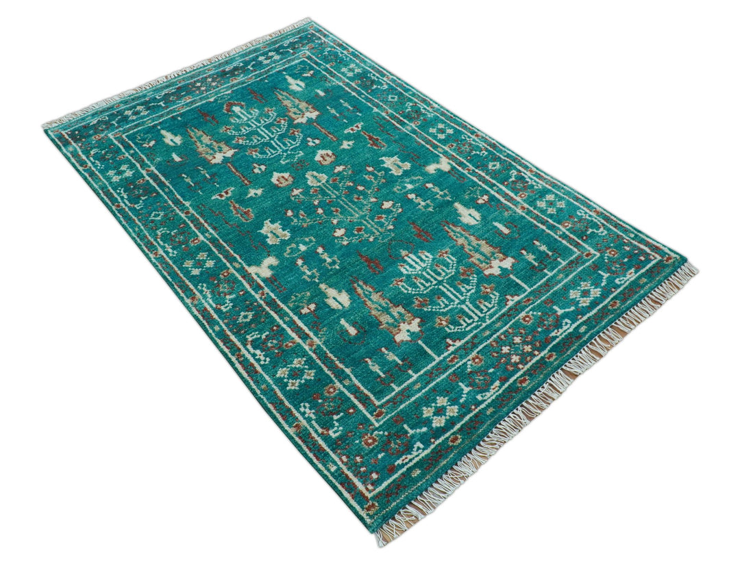 Hand knotted Tree of life Teal Traditional Style 4x6 Wool Area Rug - The Rug Decor