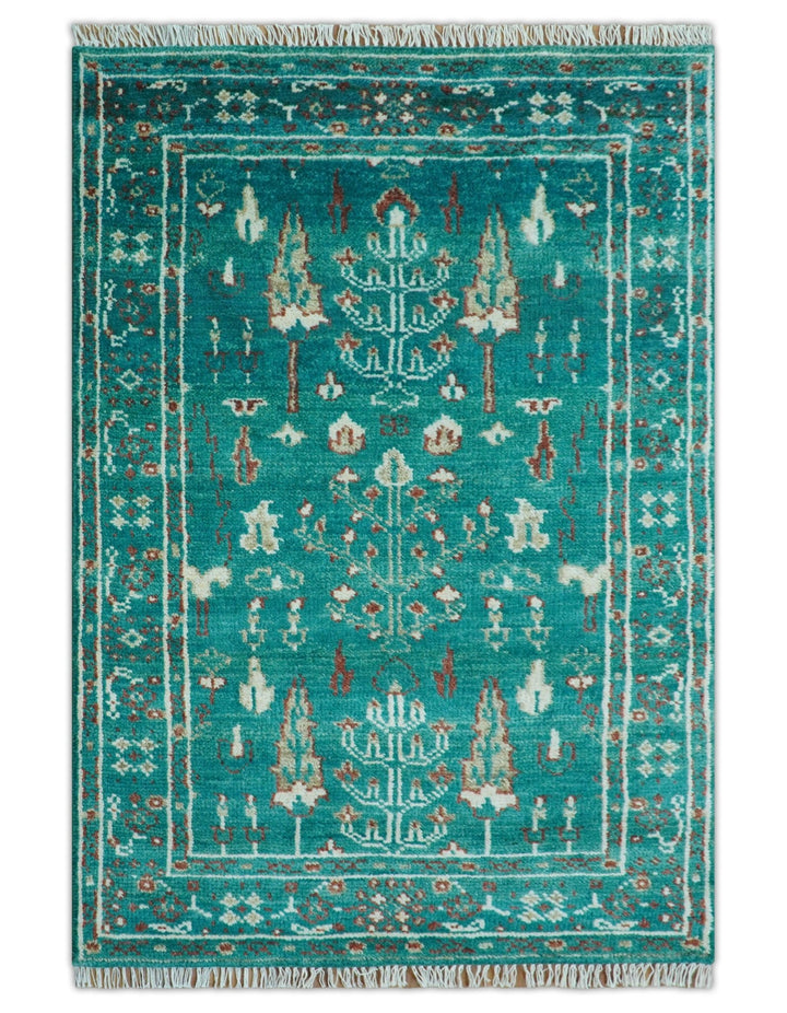 Hand knotted Tree of life Teal Traditional Style 4x6 Wool Area Rug - The Rug Decor