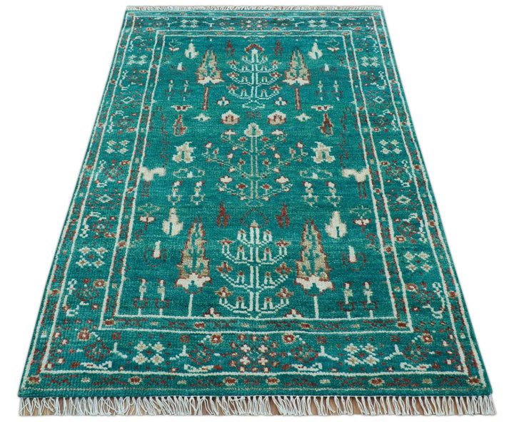 Hand knotted Tree of life Teal Traditional Style 4x6 Wool Area Rug - The Rug Decor