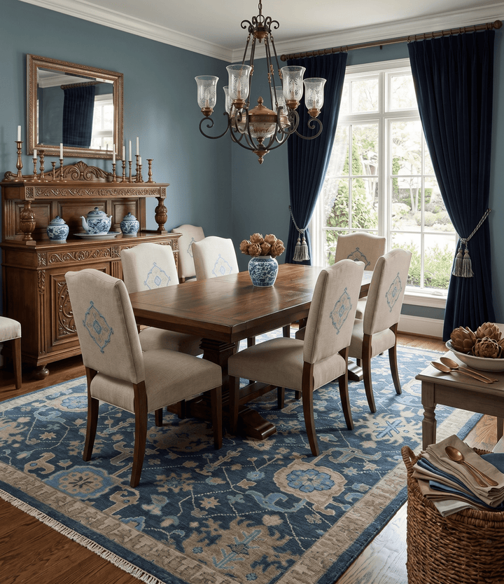 Hand Knotted Vintage Style Oriental Turkish Oushak Blue and Camel Multi Size Wool Area Rug - The Rug Decor