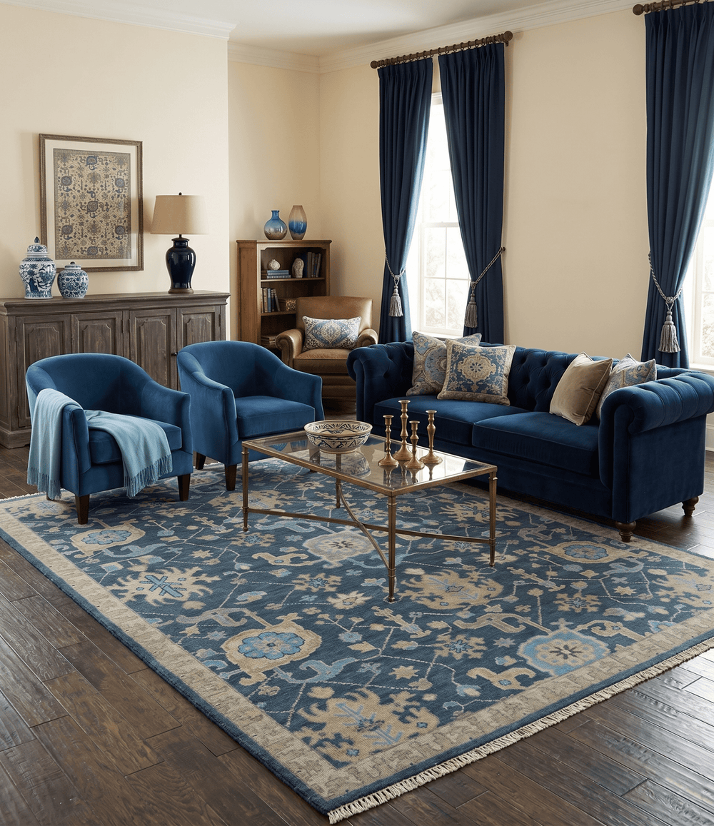 Hand Knotted Vintage Style Oriental Turkish Oushak Blue and Camel Multi Size Wool Area Rug - The Rug Decor