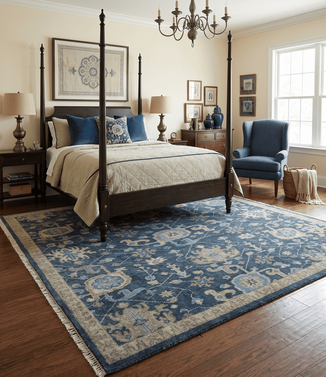 Hand Knotted Vintage Style Oriental Turkish Oushak Blue and Camel Multi Size Wool Area Rug - The Rug Decor