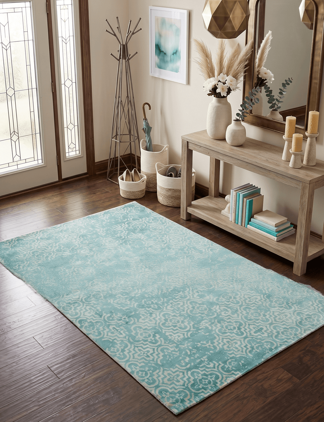 Hand Loom 5x8 Modern Style Teal Wool Blend Area Rug - The Rug Decor