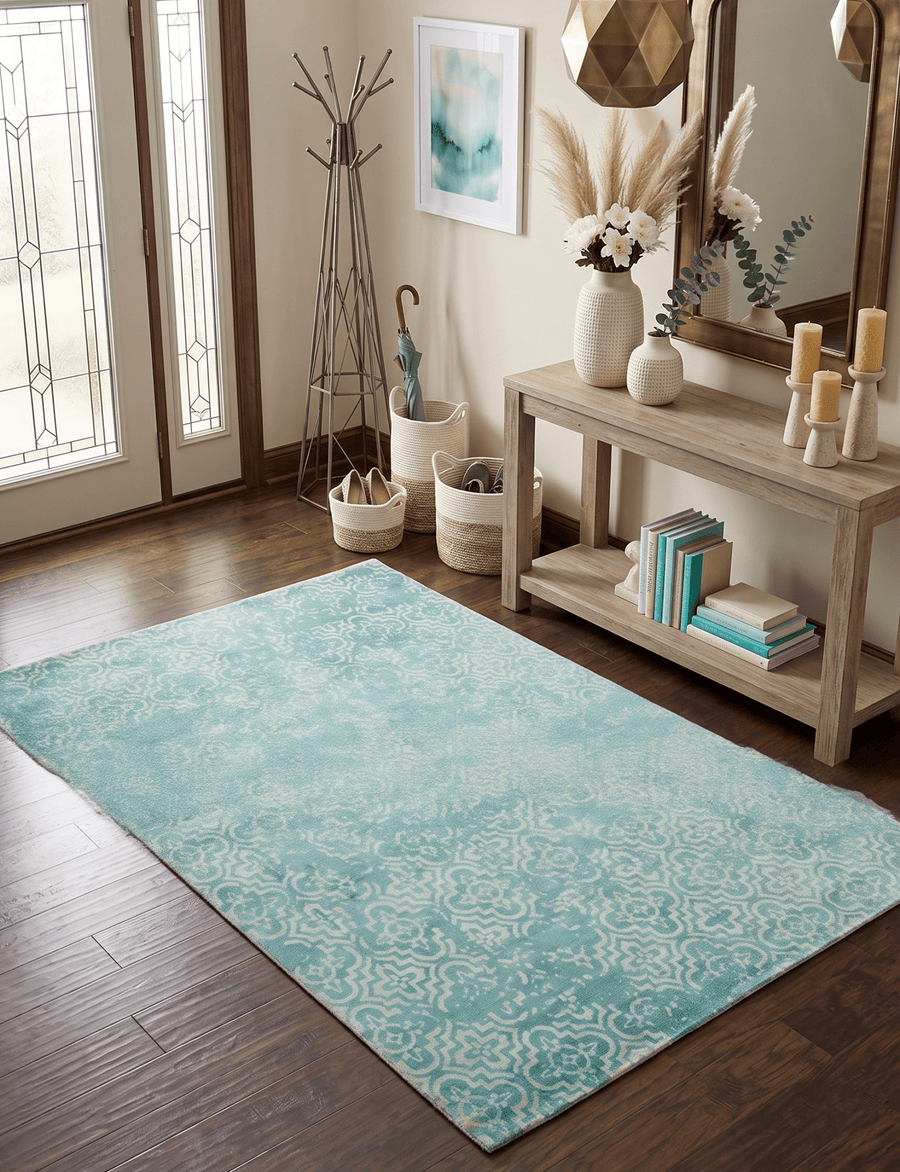 Hand Loom 5x8 Modern Style Teal Wool Blend Area Rug - The Rug Decor