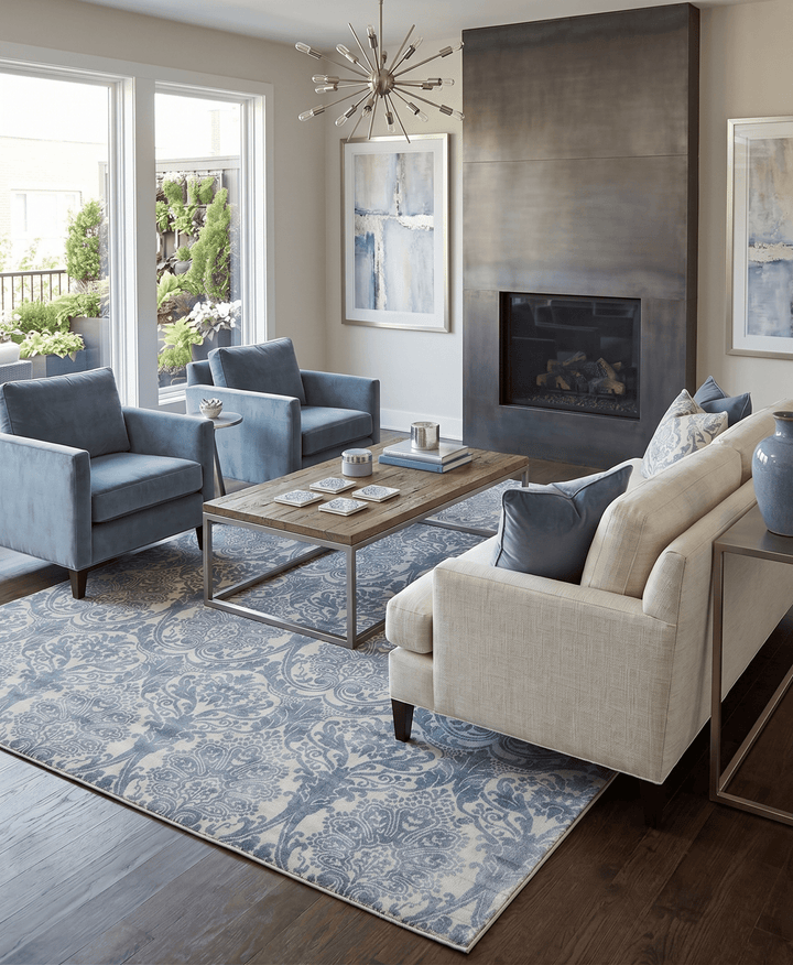 Hand Loom 8x10 Damask Ivory and gray Blended Wool and Bamboo Silk Area Rug - The Rug Decor