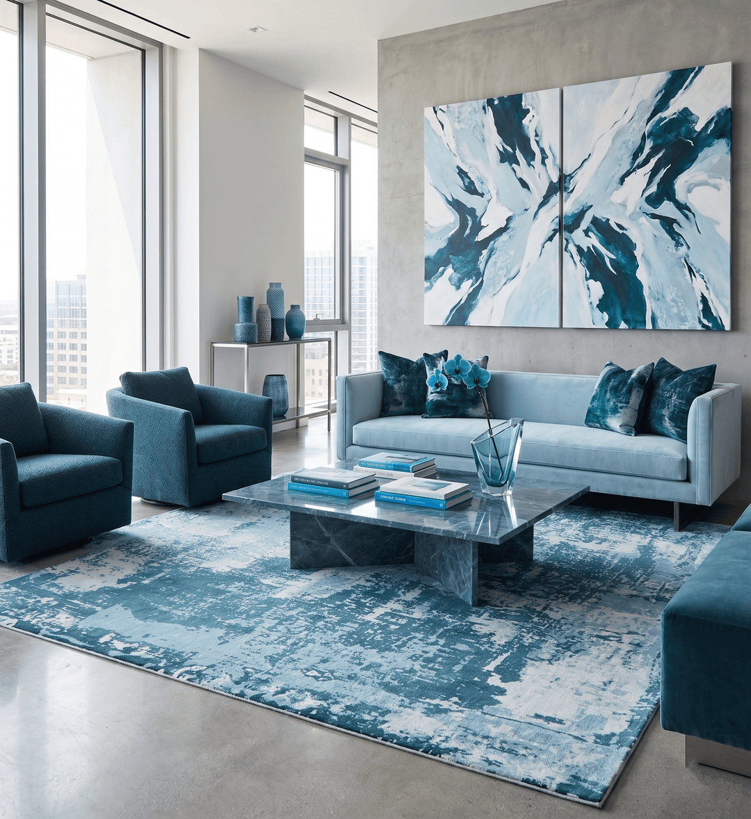 Hand Loom Modern Abstract Blue Wool and Bamboo Silk Area Rug - The Rug Decor