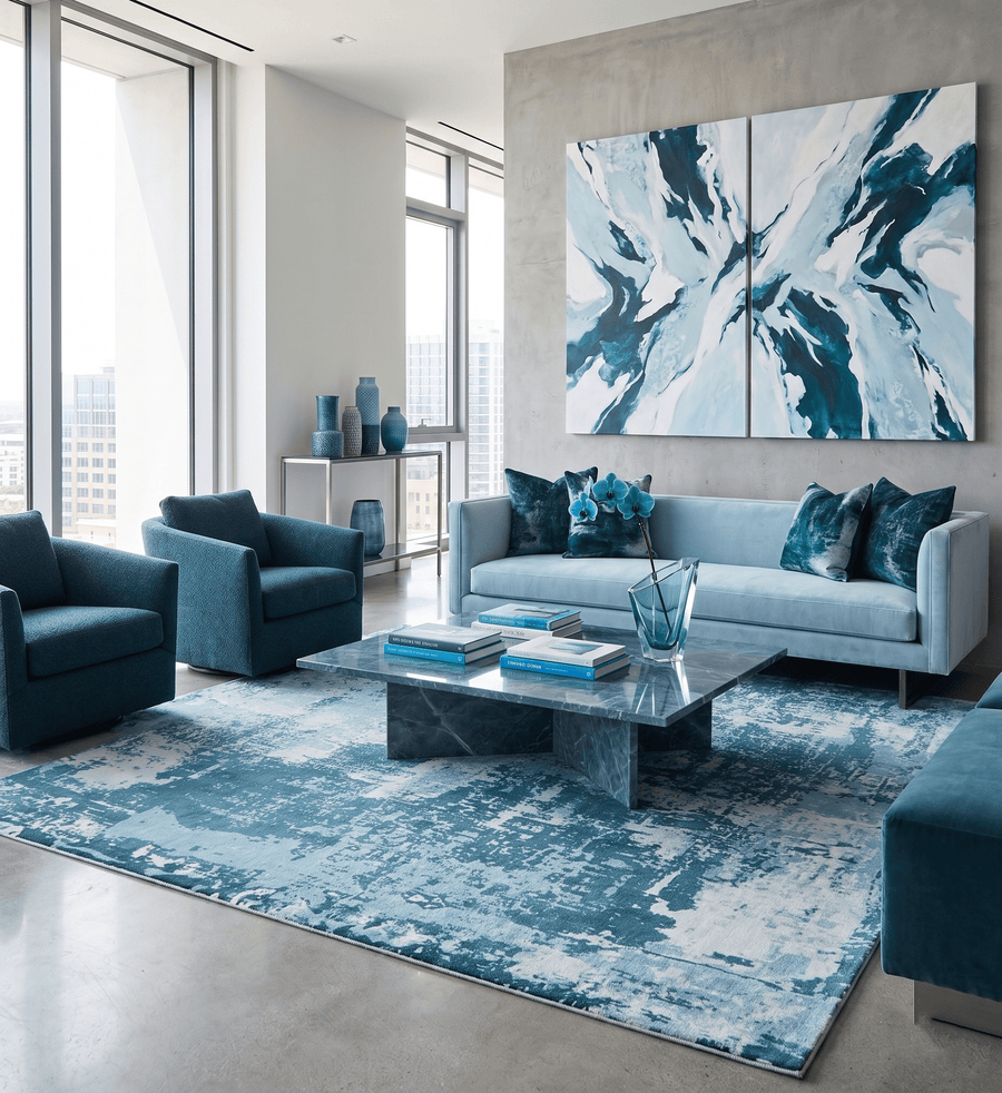 Hand Loom Modern Abstract Blue Wool and Bamboo Silk Area Rug - The Rug Decor