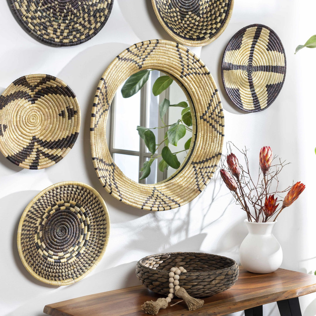 Hand Made Beige and Charcoal Ring Framed hanging wall mirror - The Rug Decor
