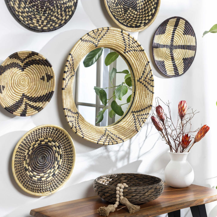 Hand Made Beige and Charcoal Ring Framed hanging wall mirror - The Rug Decor