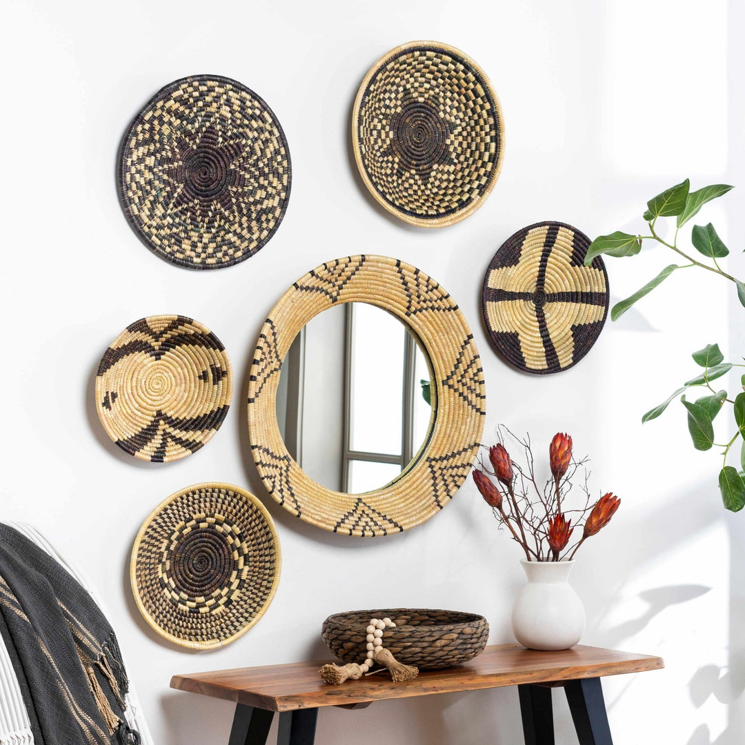 Hand Made Beige and Charcoal Ring Framed hanging wall mirror - The Rug Decor