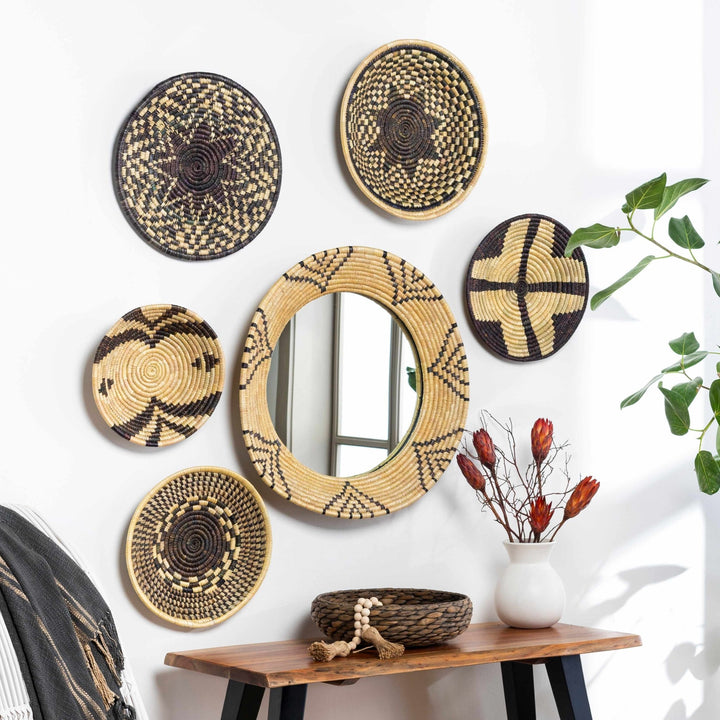 Hand Made Beige and Charcoal Ring Framed hanging wall mirror - The Rug Decor