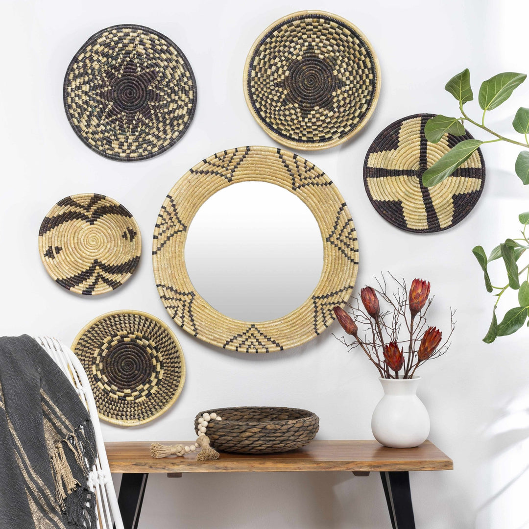 Hand Made Beige and Charcoal Ring Framed hanging wall mirror - The Rug Decor