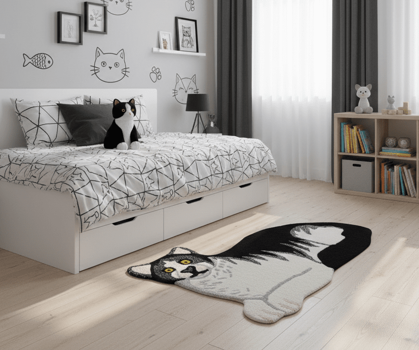 Hand Tufted 2x3 Animal Black And White Cat Wool Area Rug - The Rug Decor