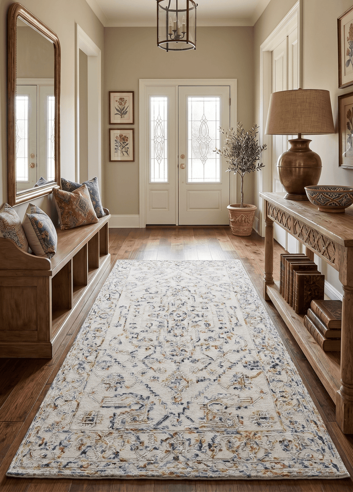Hand Tufted 5x8 Beige and Blue Wool Textured Loop Area Rug - The Rug Decor