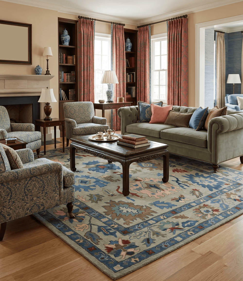 Hand Tufted Beige And Blue Traditional Oushak Custom Made wool Area Rug - The Rug Decor