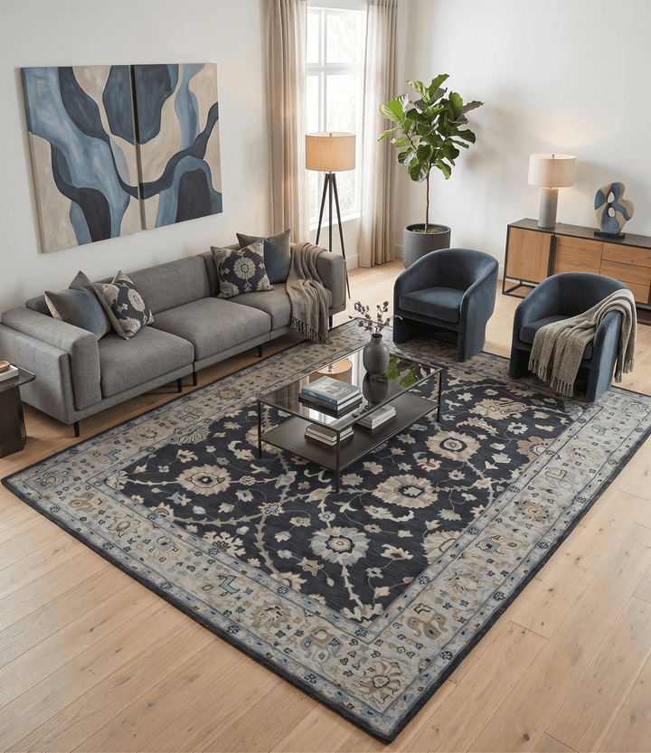 Hand Tufted Black and Silver Modern Turkish Oushak Multi size wool Area Rug, Kids, Living Room and Bedroom Rug - The Rug Decor