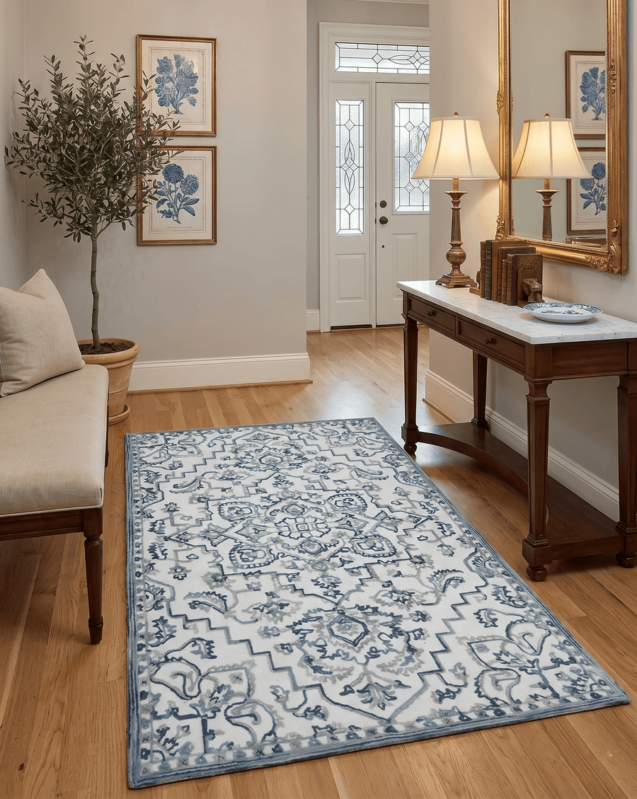 Hand Tufted Blue and Ivory Wool Textured Loop 5x8 Area Rug - The Rug Decor