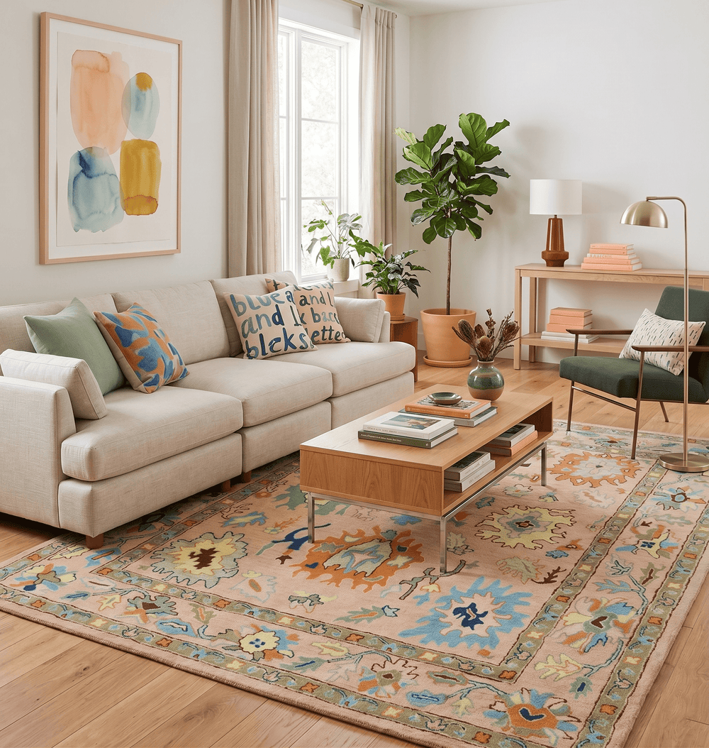 Hand Tufted Pink Peach and Gold Modern Colorful Oushak Rug - The Rug Decor