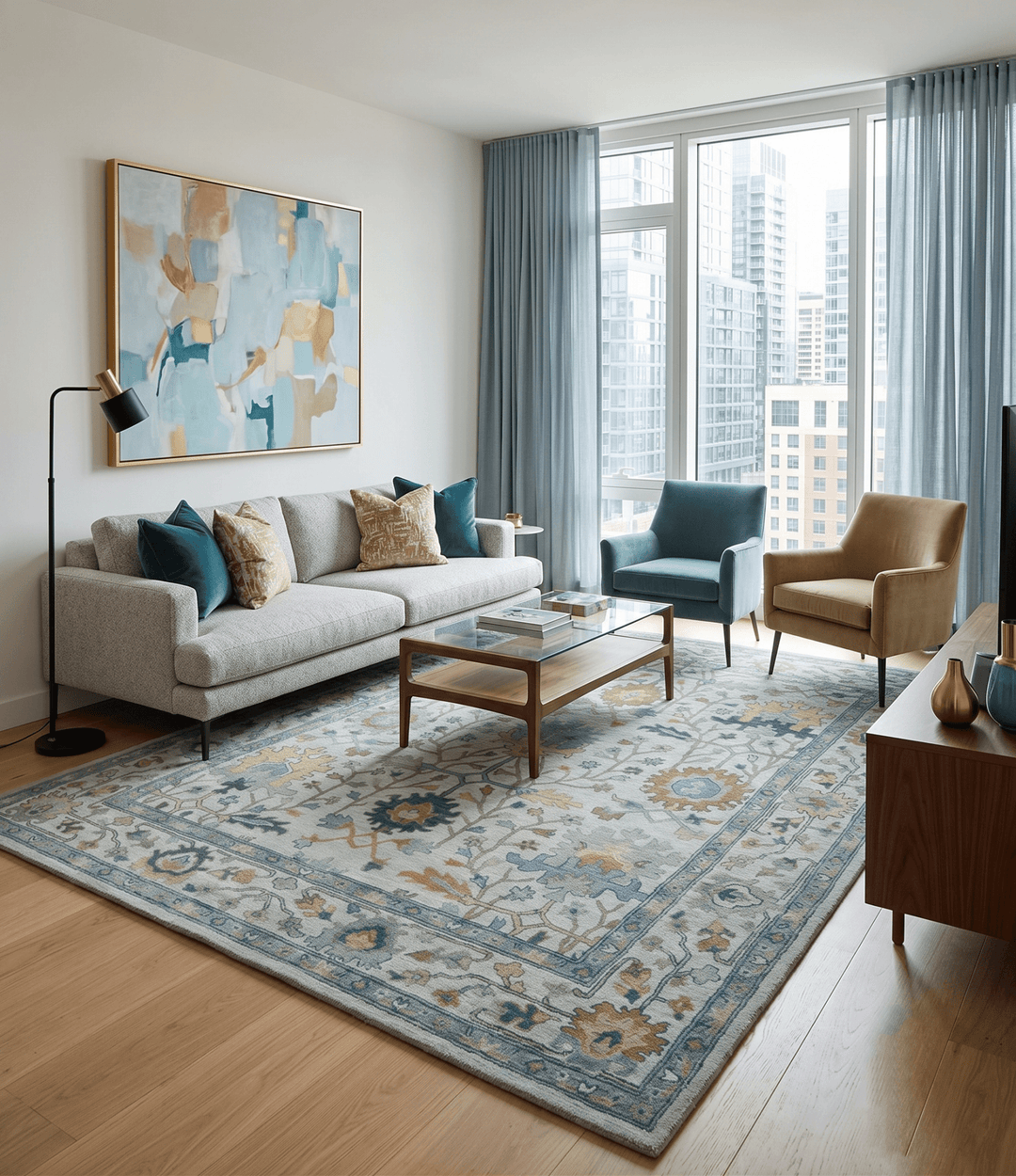 Hand Tufted Silver and Blue Donegal Oushak Rug, Multi Size Living Room and Bedroom Rug - The Rug Decor