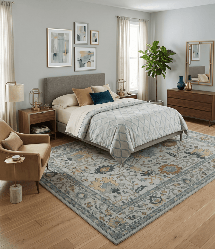 Hand Tufted Silver and Blue Donegal Oushak Rug, Multi Size Living Room and Bedroom Rug - The Rug Decor