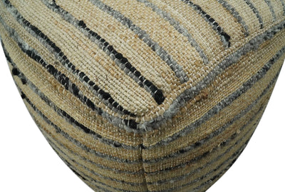 Hand Woven Beige and Charcoal Stripes Design Jute Pouf - The Rug Decor