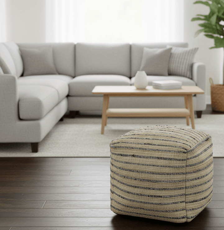 Hand Woven Beige and Charcoal Stripes Design Jute Pouf - The Rug Decor