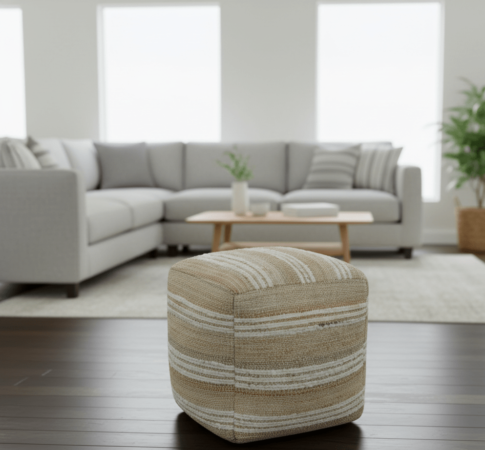 Hand Woven Beige and Ivory Stripes Design tassel Jute and wool Pouf - The Rug Decor