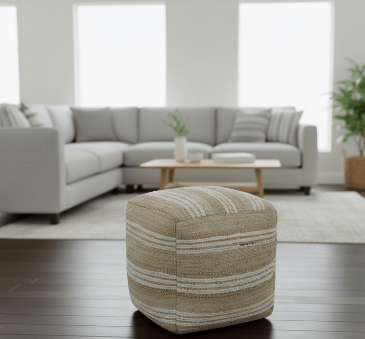 Hand Woven Beige and Ivory Stripes Design tassel Jute and wool Pouf - The Rug Decor