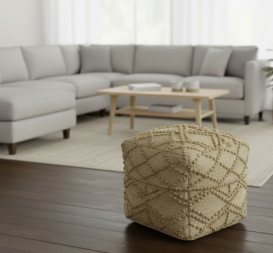 Hand Woven Beige Geometrical Design Jute Pouf - The Rug Decor