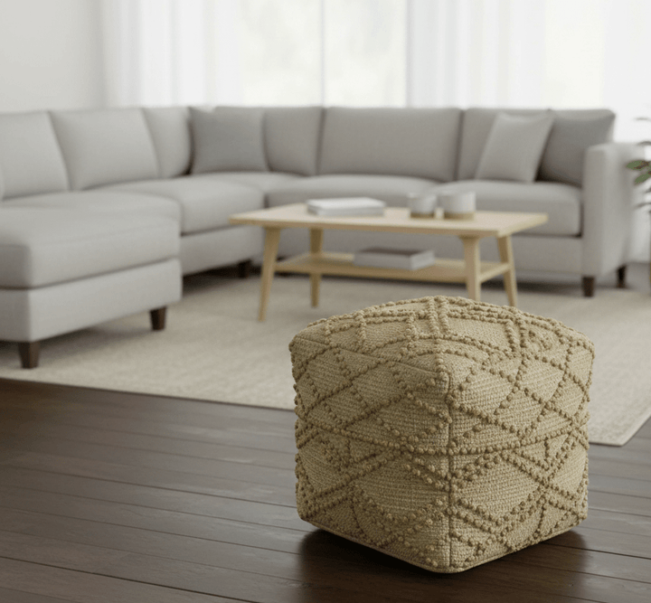 Hand Woven Beige Geometrical Design Jute Pouf - The Rug Decor