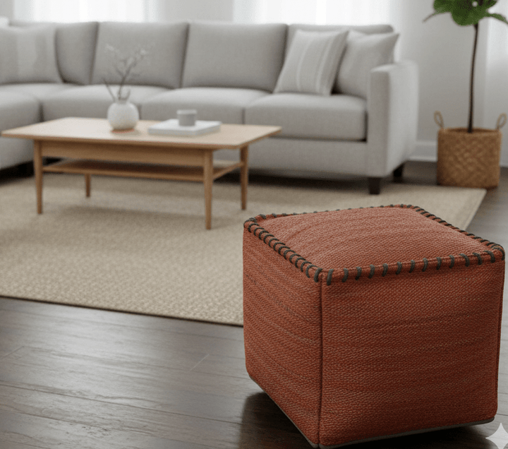 Hand Woven Boho Farmhouse Rust Jute Pouf - The Rug Decor