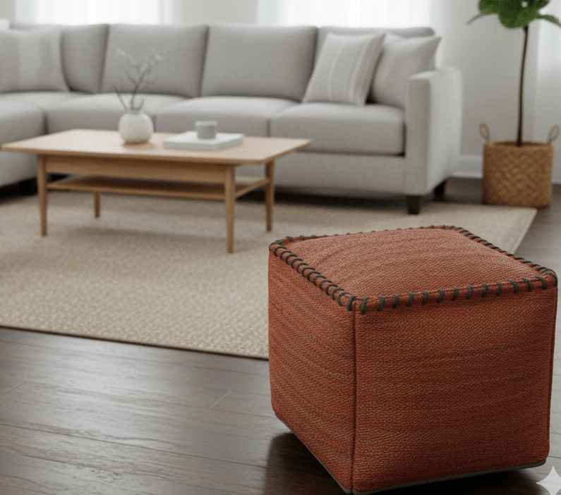 Hand Woven Boho Farmhouse Rust Jute Pouf - The Rug Decor