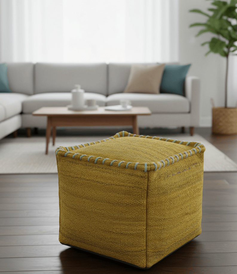 Hand Woven Boho Natural Farmhouse Mustard Jute Pouf - The Rug Decor